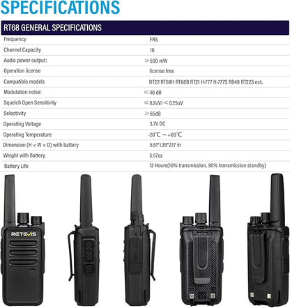 Retevis RT68 Walkie Talkies Rechargeable,Portable FRS Two-Way Radios for Adults,Heavy Duty 2 Way Radios Long Range,USB Charging Base,License Free Walkie Talkie for Road Trip Gifts Camping (2 Pack)