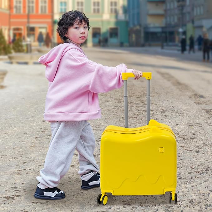 18-Inch Kids Ride-On Suitcase - Cute Lightweight Trolley Luggage with 4 Silent Spinner Wheels & Lock for Travel - Perfect for Ages 3-6 (Yellow)