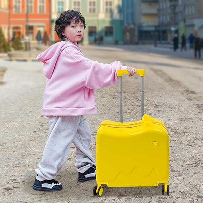 18-Inch Kids Ride-On Suitcase - Cute Lightweight Trolley Luggage with 4 Silent Spinner Wheels & Lock for Travel - Perfect for Ages 3-6 (Yellow)