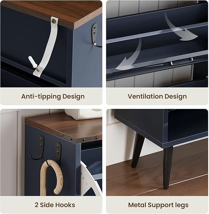 Shoe Organizer Cabinet Narrow with 3 Flip Drawers Shoe Rack Cabinet Hidden Slim Freestanding Shoe Storage Cabinet 24 Shoes for Entryway,Living Room, Blue Walnut
