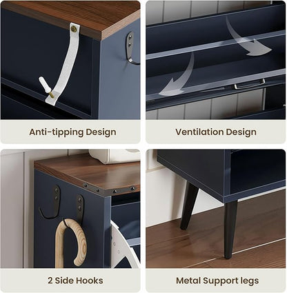 Shoe Organizer Cabinet Narrow with 3 Flip Drawers Shoe Rack Cabinet Hidden Slim Freestanding Shoe Storage Cabinet 24 Shoes for Entryway,Living Room, Blue Walnut
