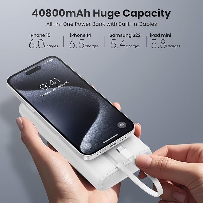 Upgraded Portable Charger 40800mAh Power Bank - Portable Battery with 2 Built in Cables,PD 25W USB C Fast Charging Battery Pack Compatible with iPhone 17 16 15 14 13 Android Phone etc-White