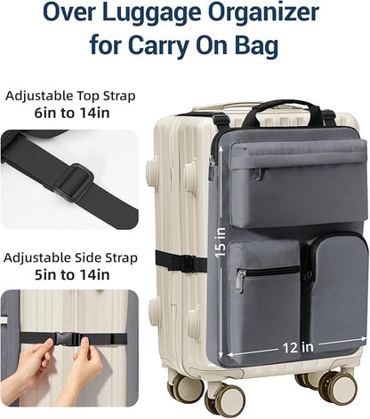 Over Luggage Organizer Bag for Suitcase with Multi Pockets, 16” Laptop Bag with Handle, Portable Travel Organizer Bags for Luggage with Adjustable Straps, Tote Carry Bag for Men Women(Grey)