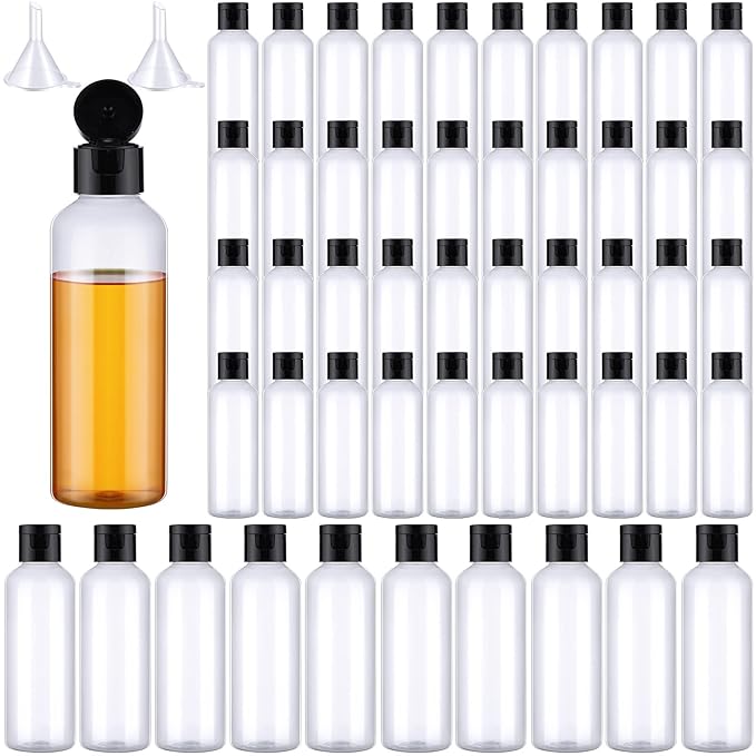 50 Piece 3.4 oz Travel Bottles with Flip Cap Plastic Empty Bottles Refillable Flip Cover Dispensing Squeeze containers with 2 Funnels Portable Refillable Containers for Travel Liquid(Clear, Black)