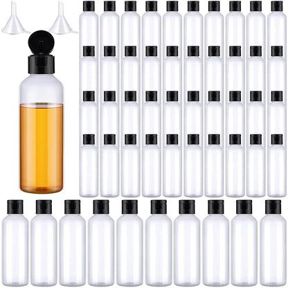 50 Piece 3.4 oz Travel Bottles with Flip Cap Plastic Empty Bottles Refillable Flip Cover Dispensing Squeeze containers with 2 Funnels Portable Refillable Containers for Travel Liquid(Clear, Black)