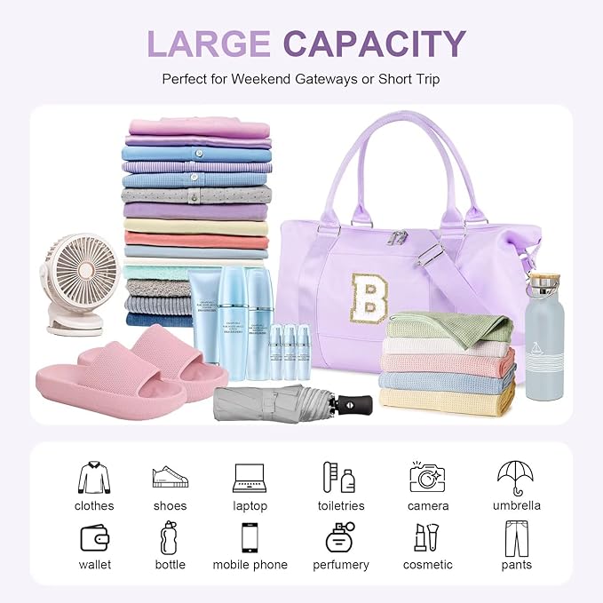 Dance Gym Duffel Bag for Teen Girls, Personalized Initial Travel Weekender Bag,Cute Overnight Carry On Duffle for Women,Sports Travel Cheer Bag,Monogram Christmas Gifts for Tween Preppy(purple-B)