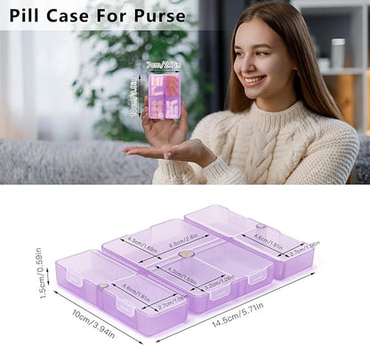 FYY Daily Pill Organizer, 7 Compartments Portable Pill Case Travel Pill Organizer,[Folding Design] Pill Box for Purse Pocket to Hold Vitamins,Cod Liver Oil,Supplements and Medication-Clear Purple