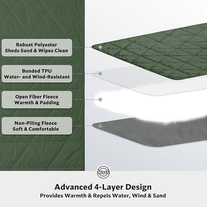 STOVER Large Waterproof Outdoor Stadium Blanket- Extra Thick Soft Fleece Camping Blanket for Travel, Picnics, Sports, Dogs 79"x55", Warm, Windproof, Sand-Proof, Lightweight, Packable (Game Day Green)