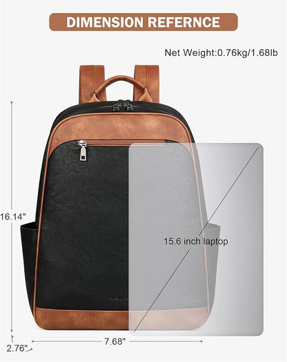 MASINTOR 15.6 inch Leather Laptop Backpack Purse for Women, Designer Travel and Work Bag with Laptop Compartment Black Brown