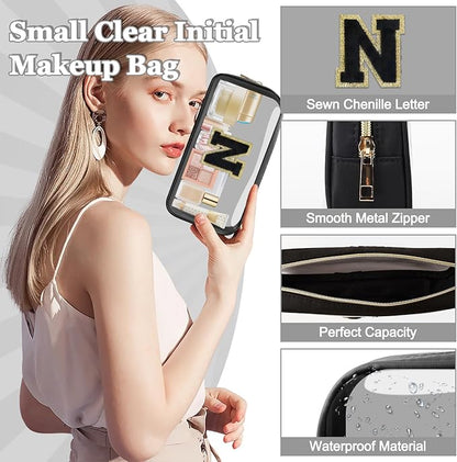 Small Clear Personalized Initial Makeup Bag,Nylon Preppy A-Z Chenille Letter Patch Cosmetic Pouch Beach Toiletry Bag,Waterproof Zipper Travel Purse Storage Bag Organizer for Women Girls(Black-Black N)