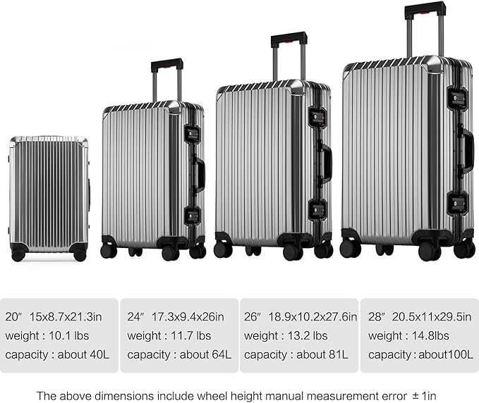 Oblique Angle Metal All Aluminum Magnesium Alloy Material Carry-on Luggage TSA Customs Lock Zipperless Silent Rotary Wheel Business Suitcase Set (dark grey, 24 '')