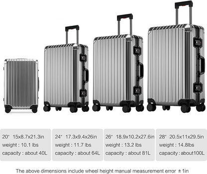 Oblique Angle Metal All Aluminum Magnesium Alloy Material Carry-on Luggage TSA Customs Lock Zipperless Silent Rotary Wheel Business Suitcase Set (dark grey, 24 '')