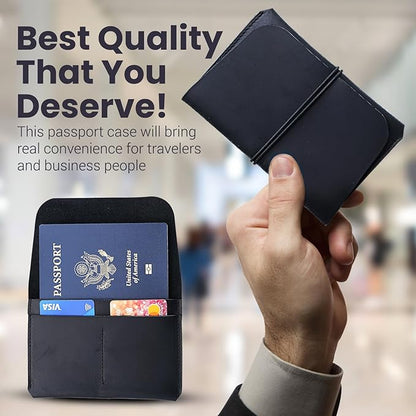 Leather Passport Holder with Travel Wallet, Genuine Leather Passport Cover- Passport Wallet, Leather Folding Wallet for Passports (Strap, Black)