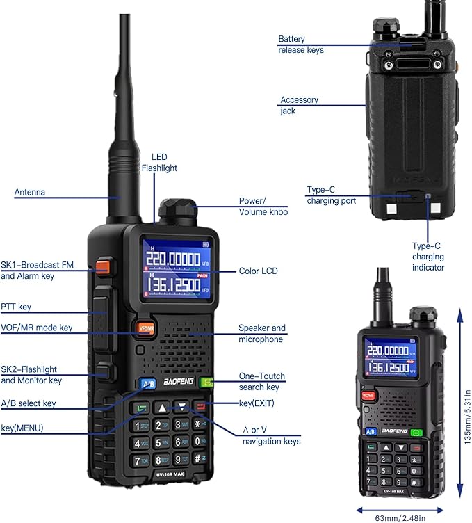 BAOFENG UV-10R MAX Ham Radio Handheld 10W Long Range Tactical NOAA Weather Rechargeable Radios Walkie Talkies with 2500mAh Battery,Type-C Charging for Adults,Survival Gear,Men Birthday Gifts,2 Pack