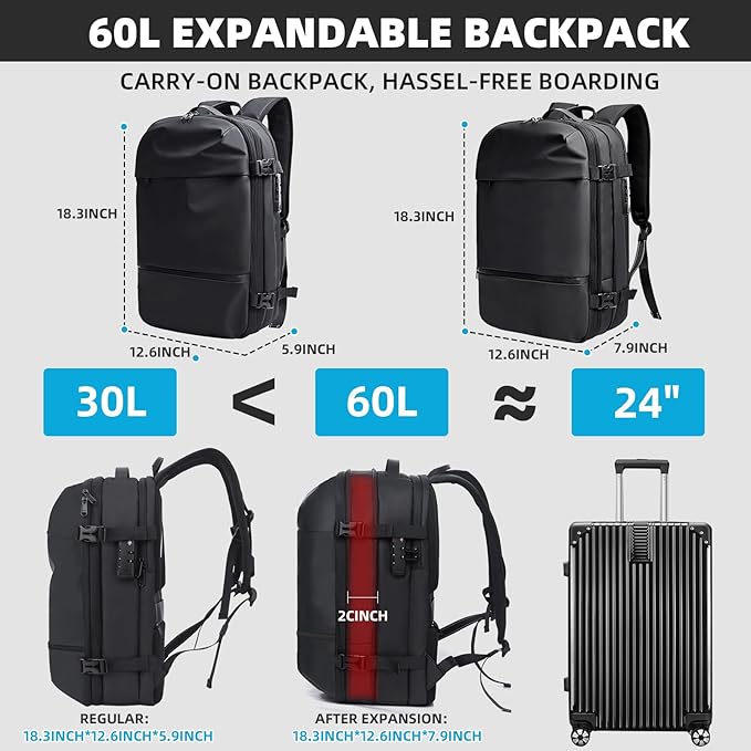 KINGSLONG Vacuum Backpack Travel Vacuum Seal Compression Travel 60L Expandable Vacpack with Pump Ideal for Traveling Business Laptop (Portable Electric Air Pump Included)