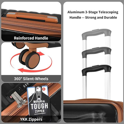 Lightweight Luggage with Spinner Wheels & YKK Zipper, 3-Piece Suitcase ABS+PC Hardside Hard Shell Luggage Set with TSA Lock, Black & Brown (20+24+28 inch)