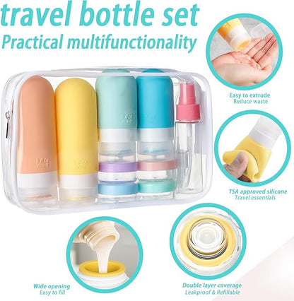 16Pcs Travel Bottles for Toiletries, Silicone Travel Bottles Set, TSA Approved, BPA Free Leak Proof Squeezable Tubes for Shampoo Conditioner Lotion Soap with Labels