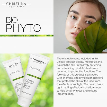 Christina Bio Phyto Ultimate Defense Day Cream Moisturizer with SPF 20-75 ml - Broad Spectrum UVA/UVB Protection Facial Moisturizer with Hyaluronic Acid & Vitamin B12- For Normal & Combination Skin