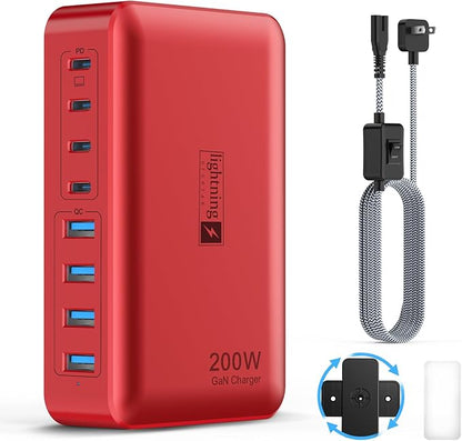 8-Port USB Charger Block 200W with Flat Plug, Braided Power Cord, and On/Off Switch- USB Charging Hub for iPhone, iPad, MacBook and More- 65W C Port Power Adapter for Laptops