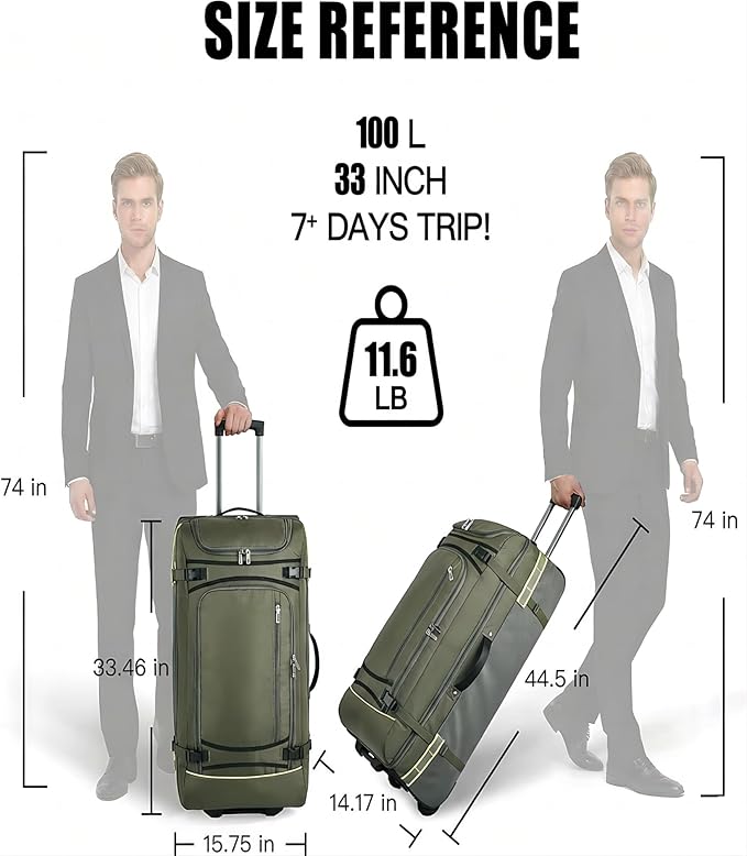 100L Extra Large Rolling Duffel Bag with Wheels and Handle – Heavy-Duty 1600D PVC Checked Luggage for Business Travel, Men’s Week-Long Trips & Student Relocation, Foldable Base Design (Army Green V2)