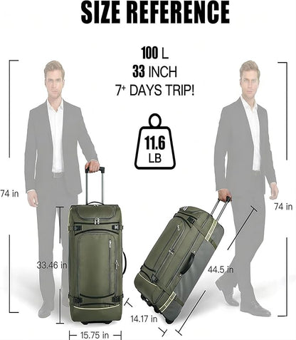 100L Extra Large Rolling Duffel Bag with Wheels and Handle – Heavy-Duty 1600D PVC Checked Luggage for Business Travel, Men’s Week-Long Trips & Student Relocation, Foldable Base Design (Army Green V2)