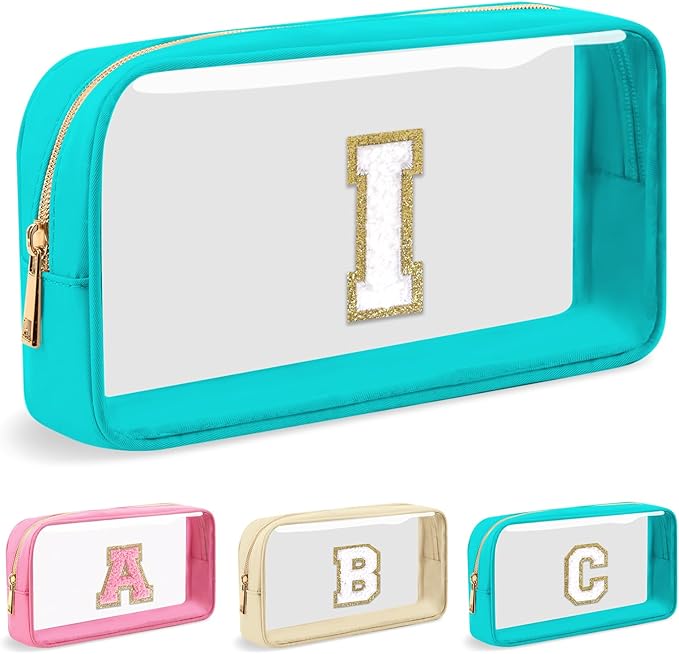 Personalized Initial Letter Clear Makeup Bag,Preppy Small Nylon&PVC Cosmetic Zipper Bag with Chenille Letter,Portable Beach Travel Skincare Toiletry Bag,Trendy Monogram Gift for Teen Girls Women,I
