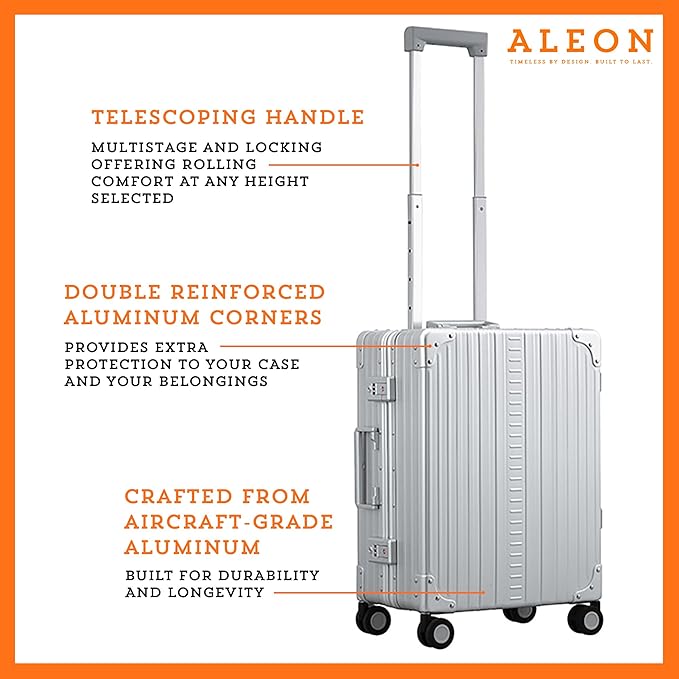 Aleon All Aluminum Lightweight Carry-On Luggage - Hardside Carry-On Suitcase, TSA Approved, Hard Shell Suitcase for Travel, Airline Approved 21 Inch Hard Spinner Wheels Luggage (Platinum)