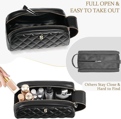 COSHAYSOO Unique Christmas Valentines Easter Mothers Day Travel Gifts for Women Mom Teacher Nurse Adult Daughter, Black Personalized Makeup Bag Quilted Leather Cosmetic Bags Monogram Initial Letter V