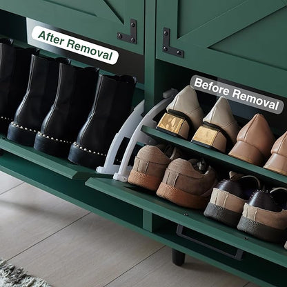 Shoe Storage Cabinet,Farmhouse Shoe Organizer with 4 Flip Drawers & Barn Door Design,Freestanding Hidden Slim Narrow Shoe Rack Cabinet for Entryway,Foyer,Hallway,Green