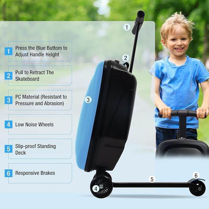 Apelila 20" Scooter Suitcase for Kids, 2-in-1 Ride On Luggage with Wheels for Boys & Girls Ages 4-15, Foldable Hardshell Carry On Lightweight Travel Suitcase for Airplane (Light Blue)