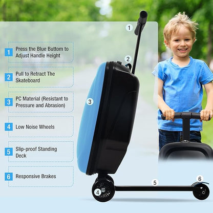 Apelila 20" Scooter Suitcase for Kids, 2-in-1 Ride On Luggage with Wheels for Boys & Girls Ages 4-15, Foldable Hardshell Carry On Lightweight Travel Suitcase for Airplane (Light Blue)