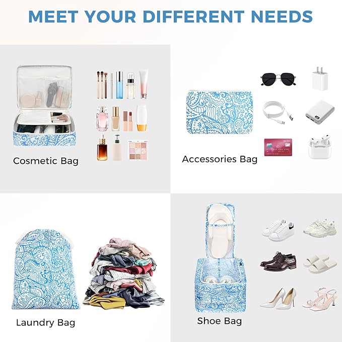 BAGAIL 8 Set Packing Cubes Luggage Packing Organizer Bags for Travel Accessories-Blue paisley