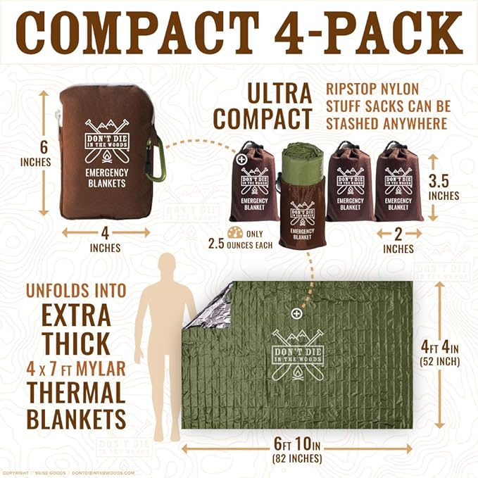 World’s Toughest Emergency Blankets [4-Pack] Extra-Thick Thermal Mylar Foil Space Blanket | Waterproof Ultralight Outdoor Survival Gear For Hiking, Camping, Running, Emergency, First Aid Kits [Green]