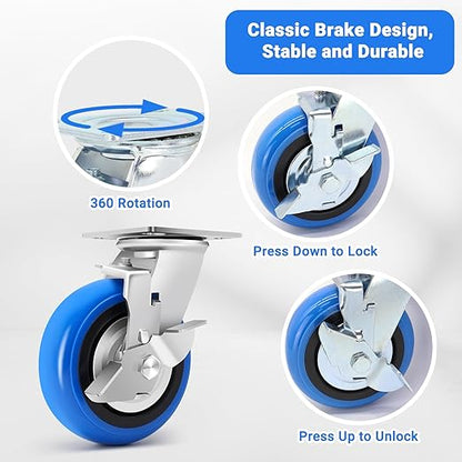 W B D WEIBIDA 6 Inch Heavy Duty Casters Set of 4, Smooth Rolling Caster Design for Cart Wheels, 4500 LBS Industrial Grade Castors with Upgraded Thickened Bracket, Durable Castors (4 Brake)