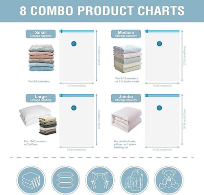 8 Pack Vacuum Storage Bags, Space Saver Bags (2 Jumbo/2 Large/2 Medium/2 Small) Compression Storage Bags for Comforters and Blankets, Vacuum Sealer Bags for Clothes Storage, Hand Pump Included