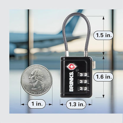 Brinks TSA Accepted Indicator Luggage Lock, Black - Resettable 3-Dial Combination, 1.5 inch Long Cable Shackle, New More Secure TSA008 Key, 2 Pack