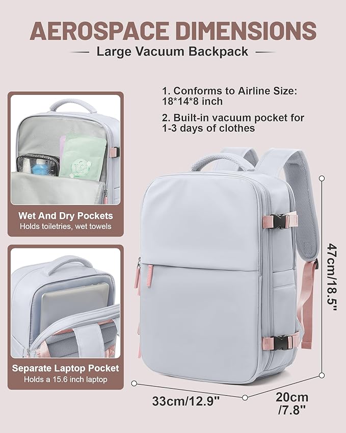Vacuum Backpack With Pump Large Travel Laptop Backpacks For Women Men Carry On Backpack Vacpack Backpacks With Vacuum Compression Grey
