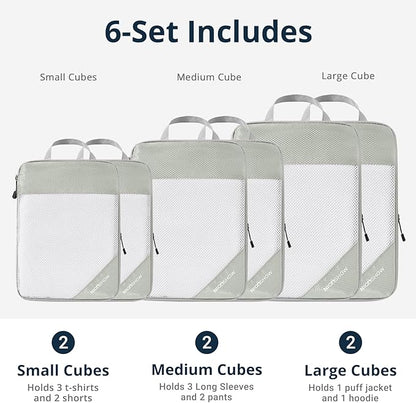 Compression Packing Cubes 6 Set, Compressible Space-Saving Packing Cubes for Travel - Compression Bags, Luggage Organizer, Travel Essentials for Women, Light Grey