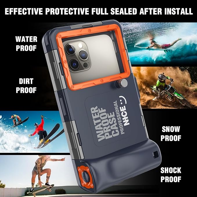 2026Underwater Snorkeling Diving Phone Case for iPhone 16/15/14/13/12/ Pro Max Galaxy S24/S23/S22.[50ft/15m] Professional Scuba Dive Waterproof Case Underwater Photo Video Cover Orange