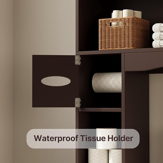 Gizoon Over The Toilet Storage Cabinet, Over Toilet Bathroom Organizer with Adjustable Shelves and 2 Doors, Over Toilet Storage Cabinet with Paper Holder, 2 Side Hooks, Space-Saver, Dark Brown