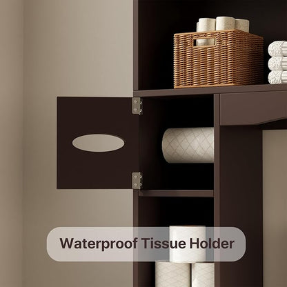 Gizoon Over The Toilet Storage Cabinet, Over Toilet Bathroom Organizer with Adjustable Shelves and 2 Doors, Over Toilet Storage Cabinet with Paper Holder, 2 Side Hooks, Space-Saver, Dark Brown