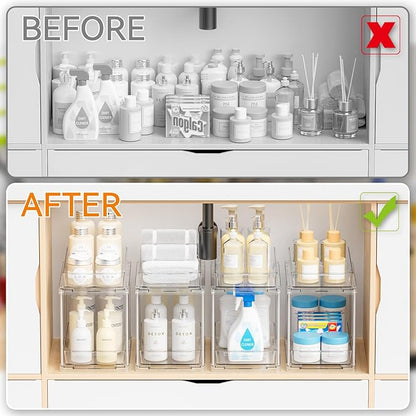 Yieach 2 Pack Bathroom Cabinet Organizers and Storage with Track,Clear Acrylic Under the Sink Organizer for Cupboard,Vanity Countertop Storage Bins,Plastic 2 Tier Pull Out Drawer for Makeup,Medicine