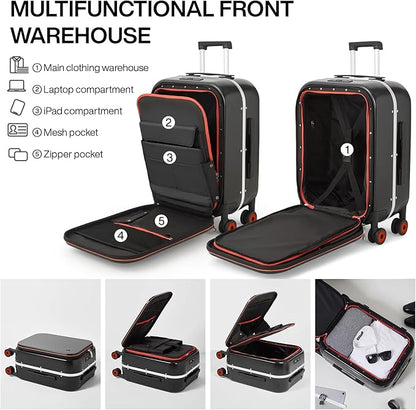 mixi Luggage Suitcase with Spinner Wheels, 24'' Checked Travel Luggage Aluminum Frame PC Hardside with TSA Lock & Cover - Black Hollow Wheel