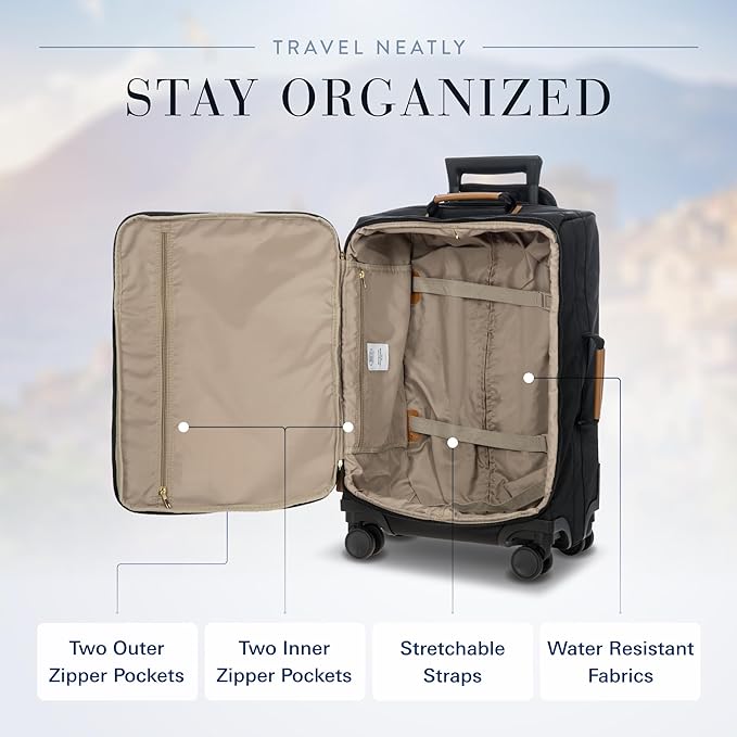 Bric's X-Travel 21” Carry-On Spinner – Luxury Softside Luggage with 360° Wheels, Recycled Water-Resistant Fabric, Interior Pockets, and Leather Details – Black
