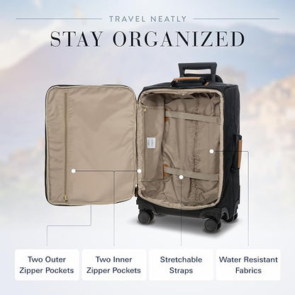 Bric's X-Travel 21” Carry-On Spinner – Luxury Softside Luggage with 360° Wheels, Recycled Water-Resistant Fabric, Interior Pockets, and Leather Details – Black