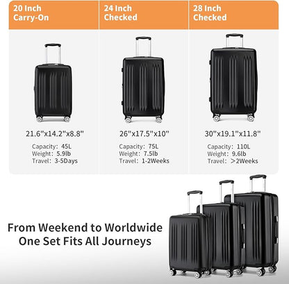 Kono Expandable Luggage 3 Piece Set Hardshell Lightweight 20in 24in 28in Carry On Suitcase with Spinner Wheels TSA Lock(Black)