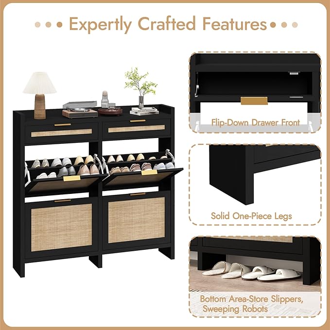 Large Rattan Shoe Storage Cabinet with 4 Flip Drawers & 2 Storage Drawers – Hidden Slim Shoe Organizer for Entryway, Large Tabletop Space, Farmhouse Boho Narrow Shoe Rack, Rustic Black