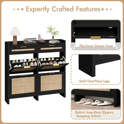 Large Rattan Shoe Storage Cabinet with 4 Flip Drawers & 2 Storage Drawers – Hidden Slim Shoe Organizer for Entryway, Large Tabletop Space, Farmhouse Boho Narrow Shoe Rack, Rustic Black