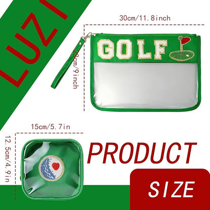 2 Pcs Golf Gifts Makeup Bag with Chenille Letter Patch,with Handles Golf PVC Waterproof Clear Makeup Bag,Portable Toiletry Storage Bag,Players & Fans Birthday, Team or Sports Lover Presents