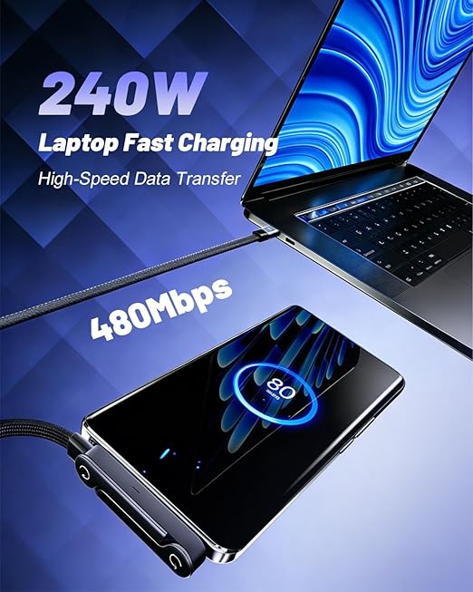 Charge Stand 2 in 1 Cable,240w Fast Charging Cable with Built-In Holde,Invisible Holder Charger Cables,360° Rotation,5ft USB C Nylon Braided High-Speed Charger Cord for Phone,Tablets,Laptops(U-C,1PC)